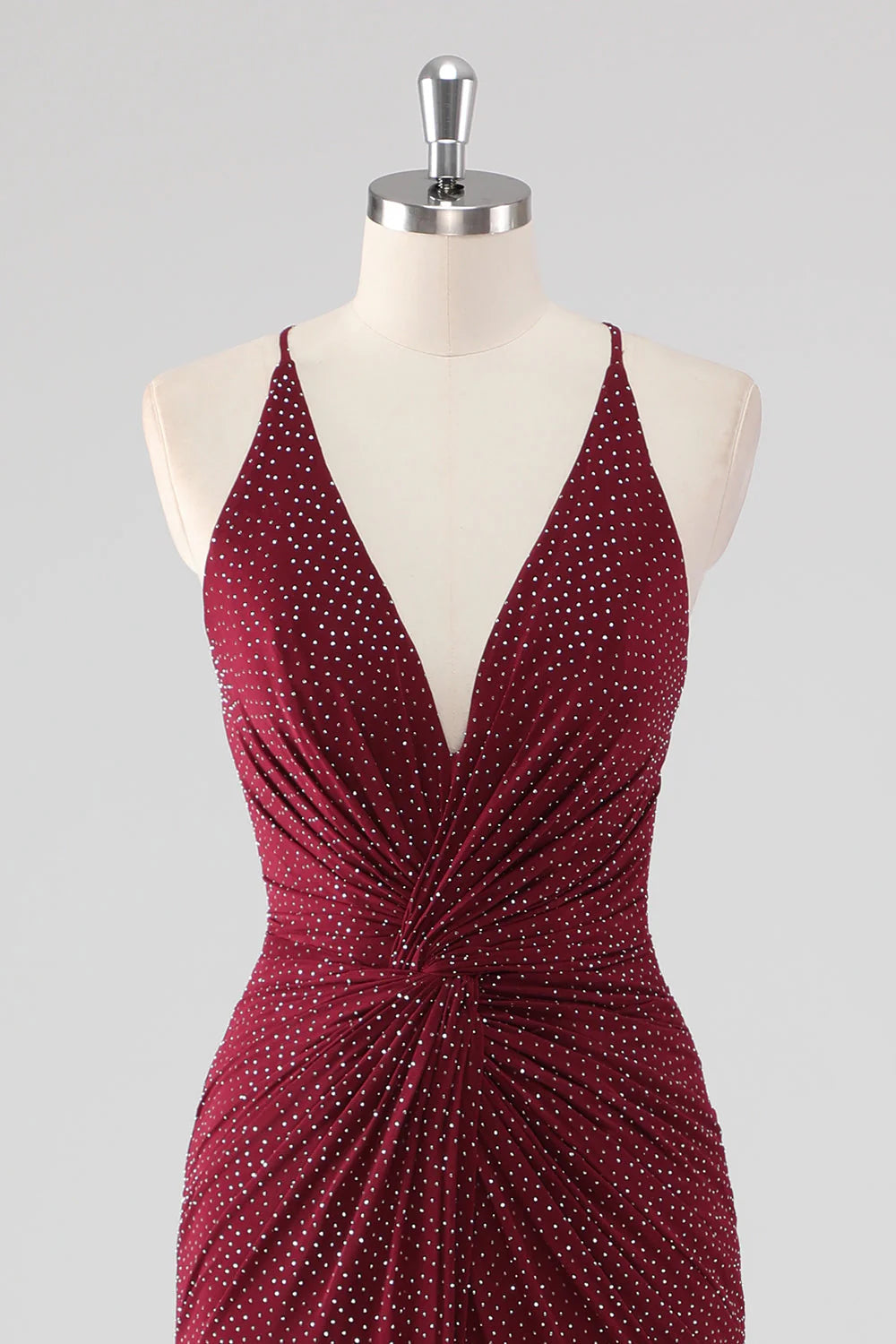 Sheath V-Neck Pleated Backless Beaded Long Formal Dress with Slit