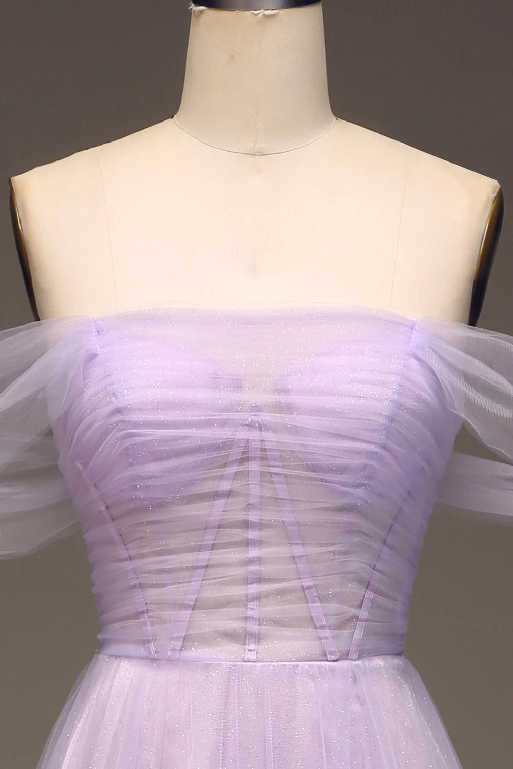 Princess Lilac Off the Shoulder A Line Tulle Prom Dress With Slit