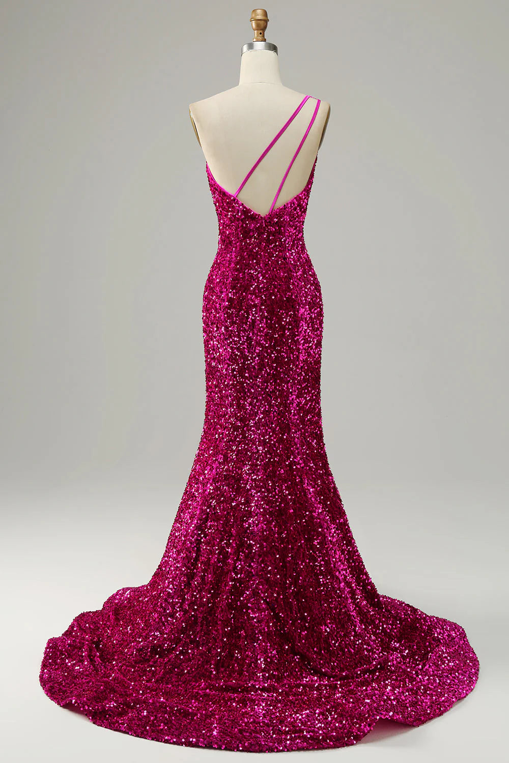 Fuchsia Mermaid One Shoulder Sequin Long Prom Dress