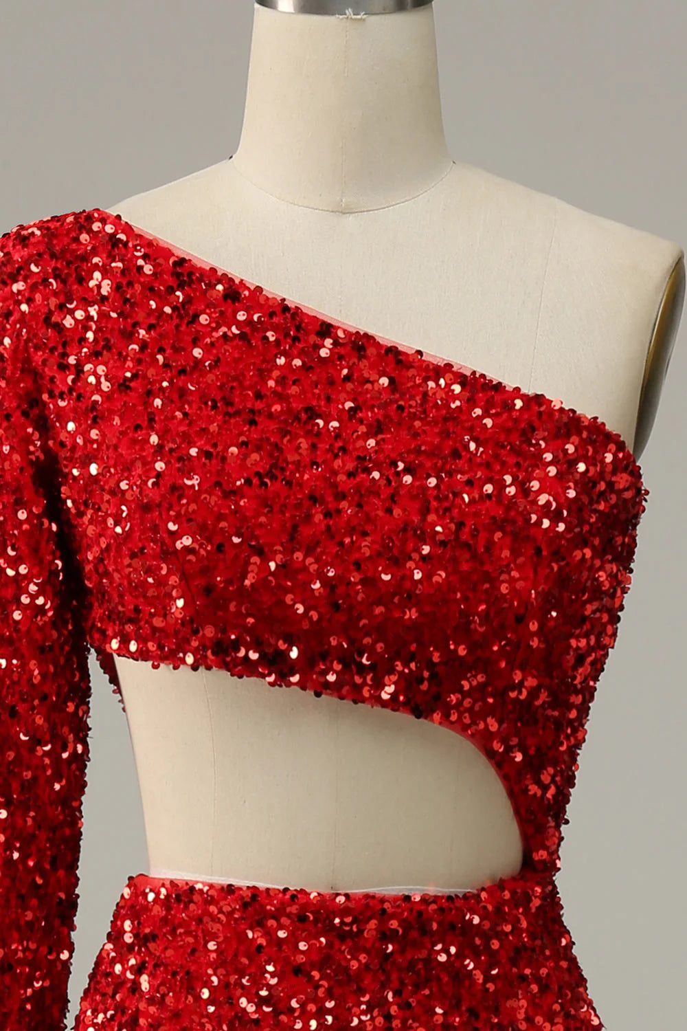 Red Mermaid One Shoulder Sequins Cut Out Prom Dress with Slit Front