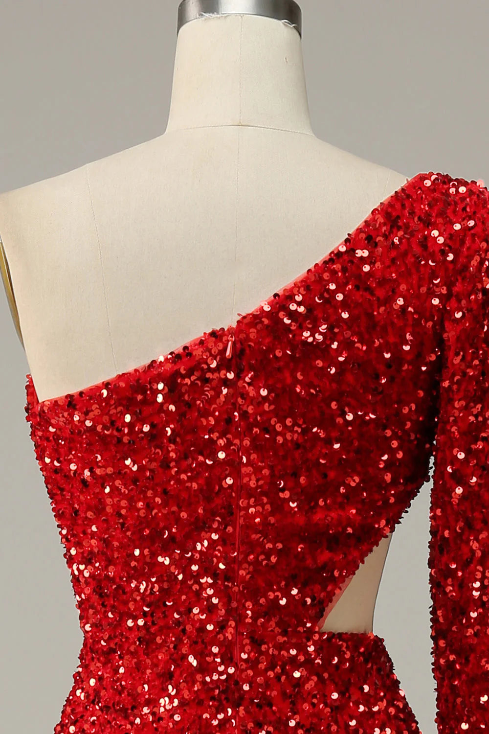 Red Mermaid One Shoulder Sequins Cut Out Prom Dress with Slit Front