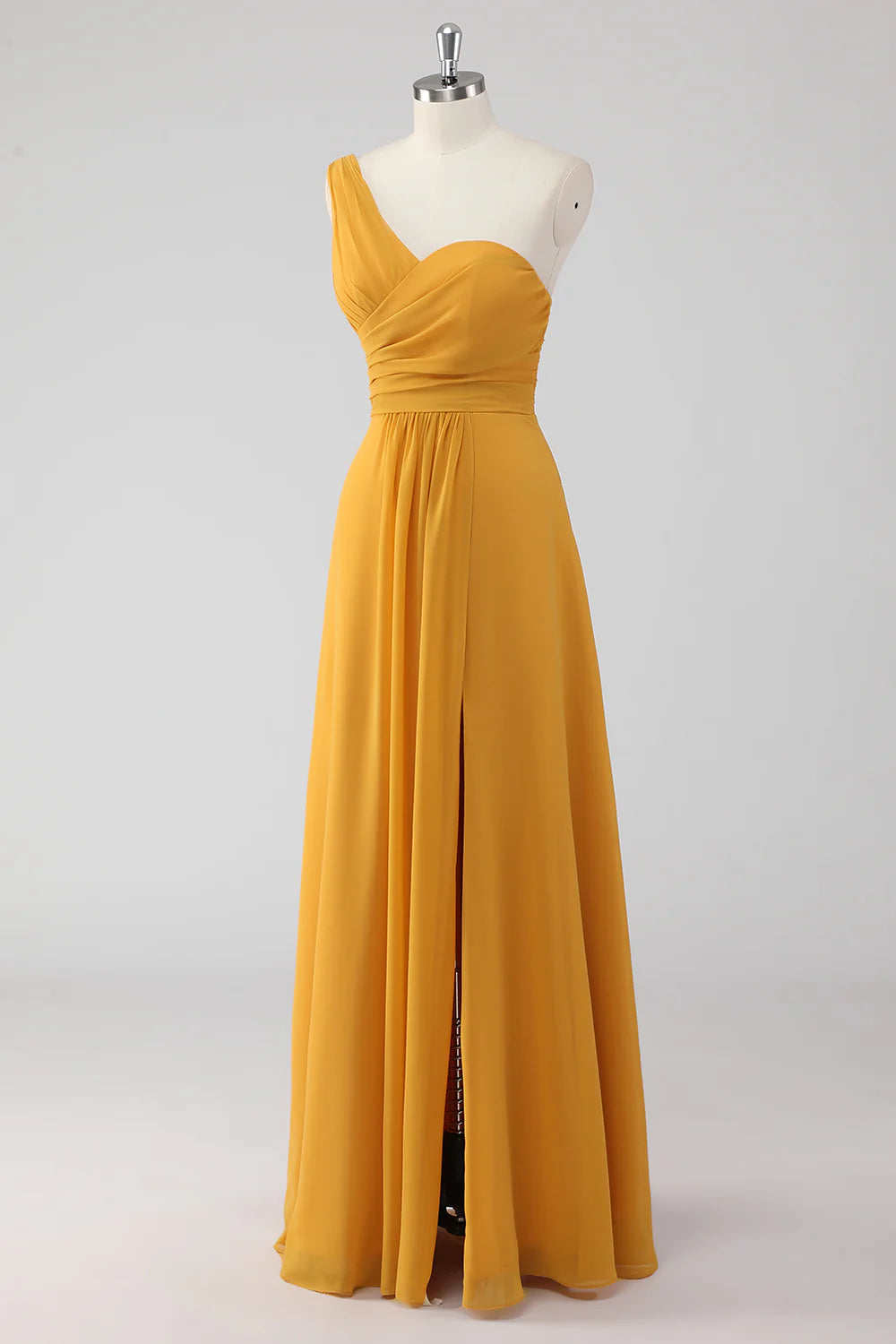 A Line One Shoulder Ruched Long Bridesmaid Dress with Slit