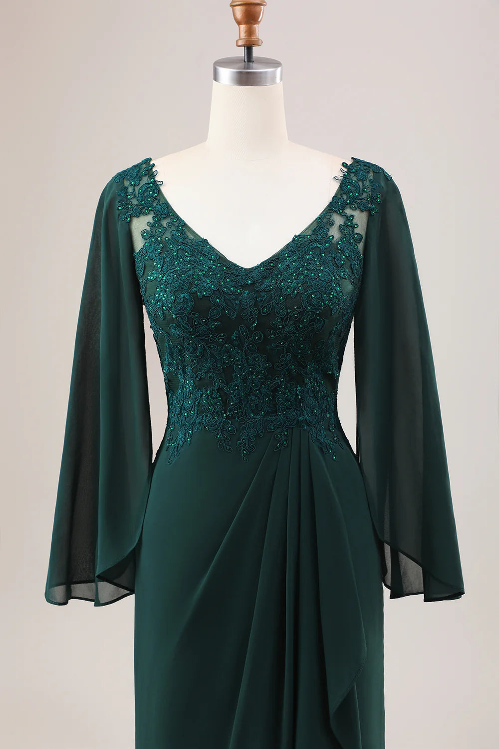 Mermaid V Neck Beaded Mother of the Bride Dress With Long Sleeves