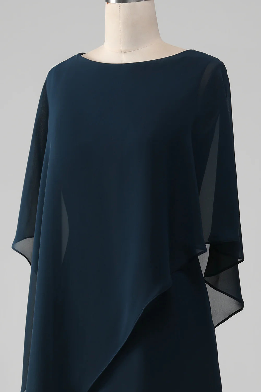Navy A-Line Scoop Tea-Length Chiffon Mother of the Bride Dress