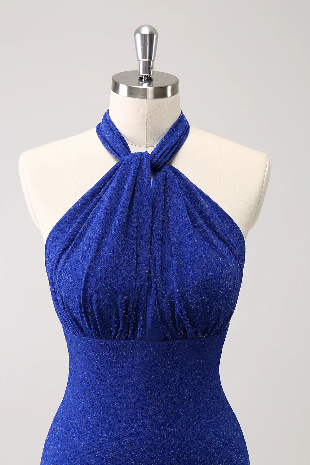 Glitter Mermaid Blue Halter Pleated Backless Long Prom Dress