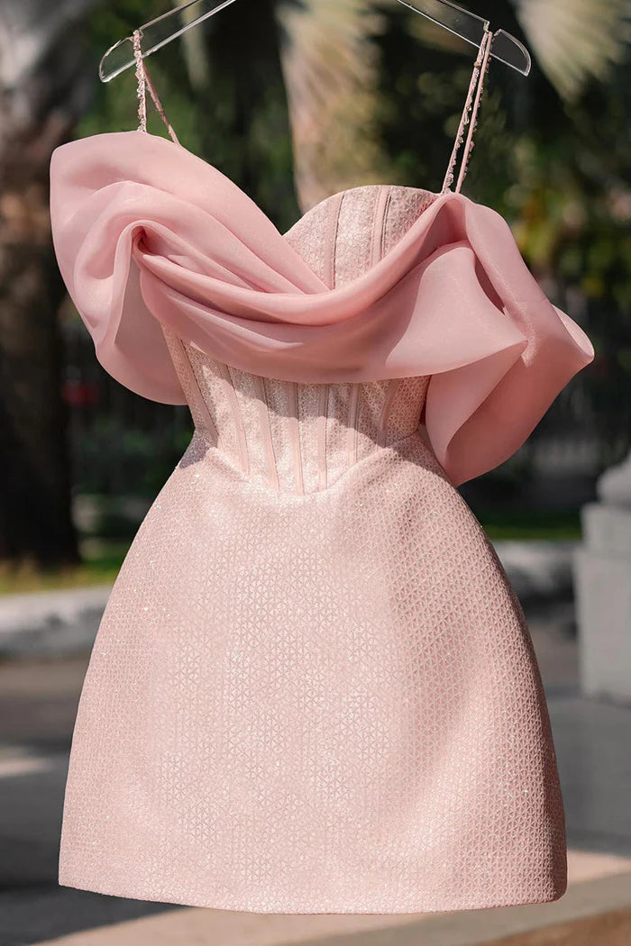 Off- Off-Shoulder Sleeveless Beaded Ruched Satin A-Line Mini Homecoming Dress