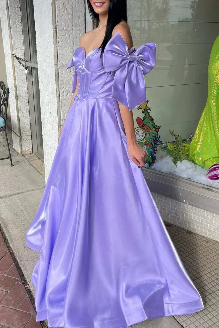 Cute A Line Off the Shoulder Hot Pink Satin Prom Dress with Bow