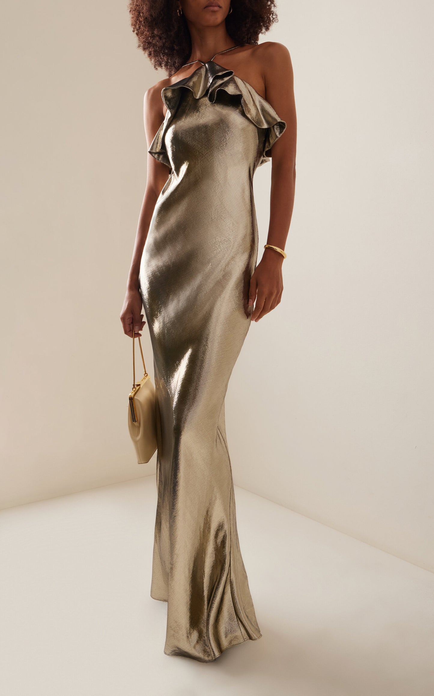 Party Dresses Ruffled Gold Lamé Halter Gown Gentle beautiful and grand