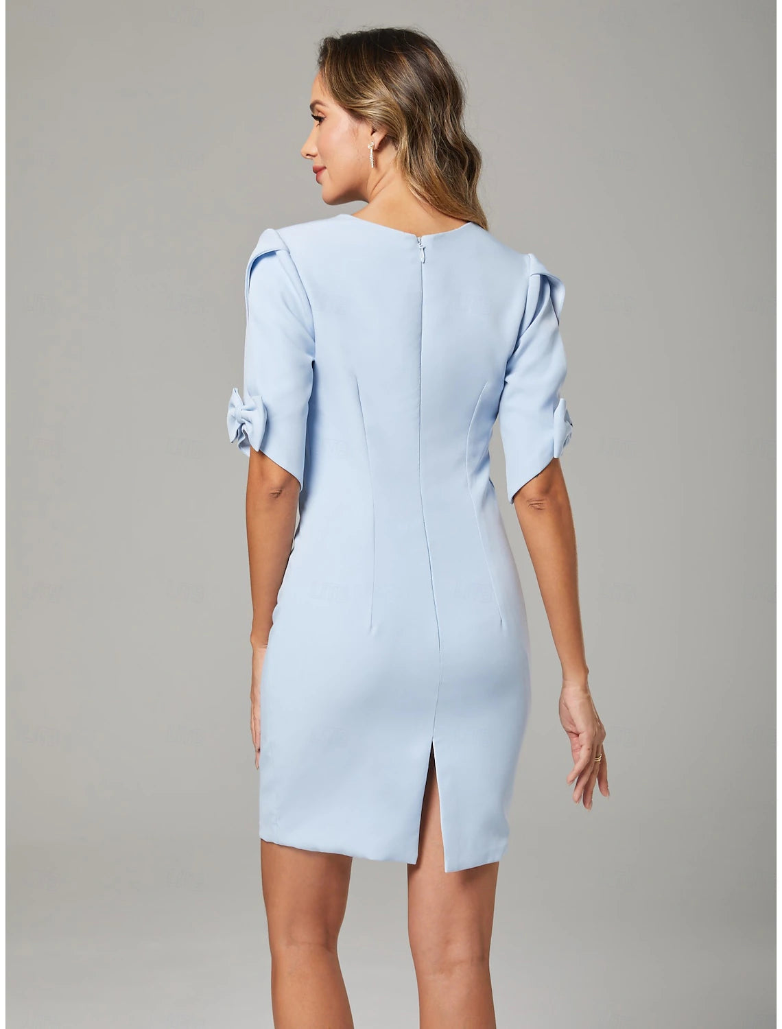 Sheath / Column Mother of the Bride Dress Elegant Simple Jewel Neck Short / Mini Chiffon Short Sleeve with Bow(s) Solid Color Derby Dresses