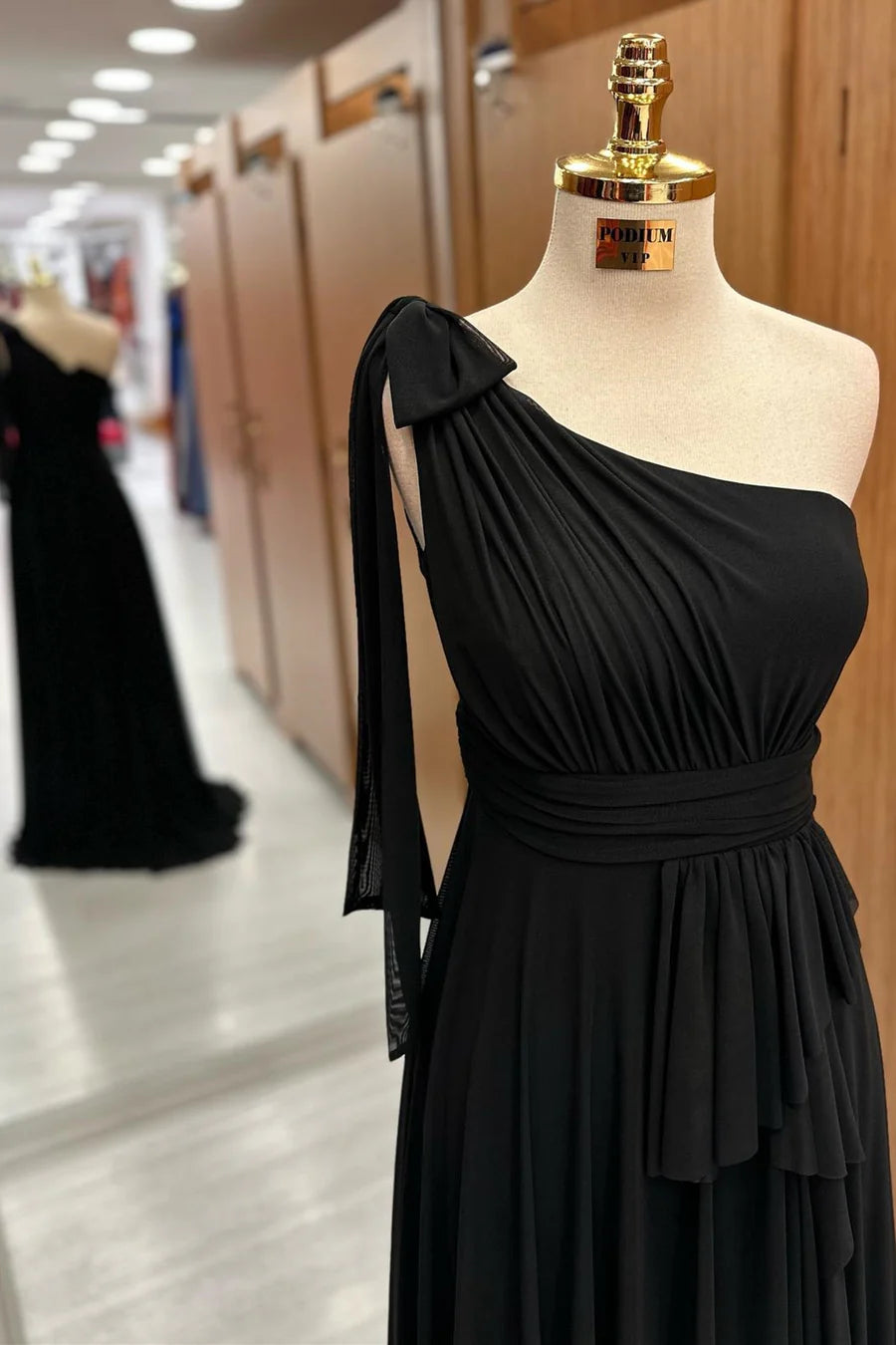 One-Shoulder A-Line Chiffon Maxi Dress in Black Simple gentle grand and beautiful