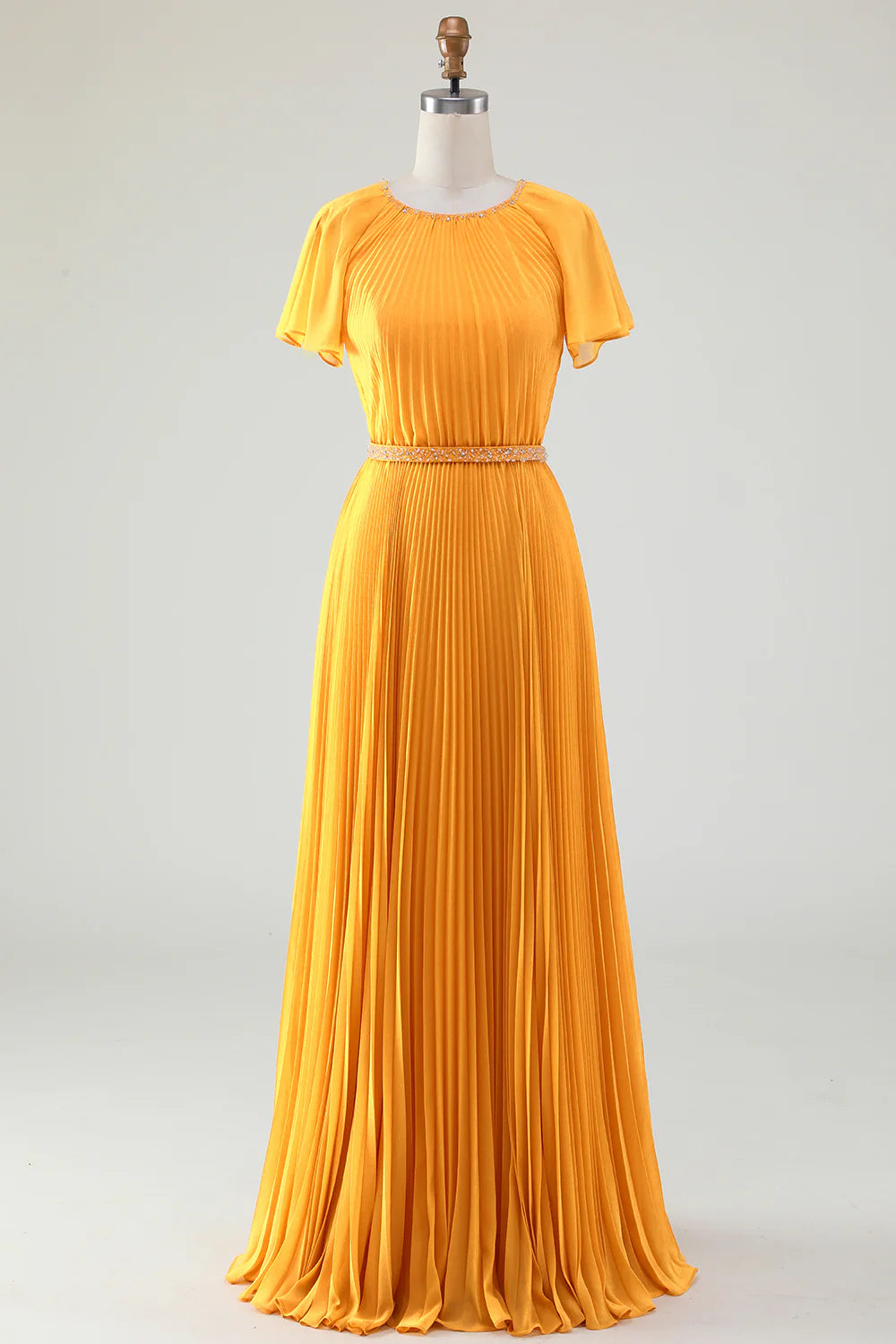 A Line Round Neck Pleated Mother of Bride Dress With Short Sleeves