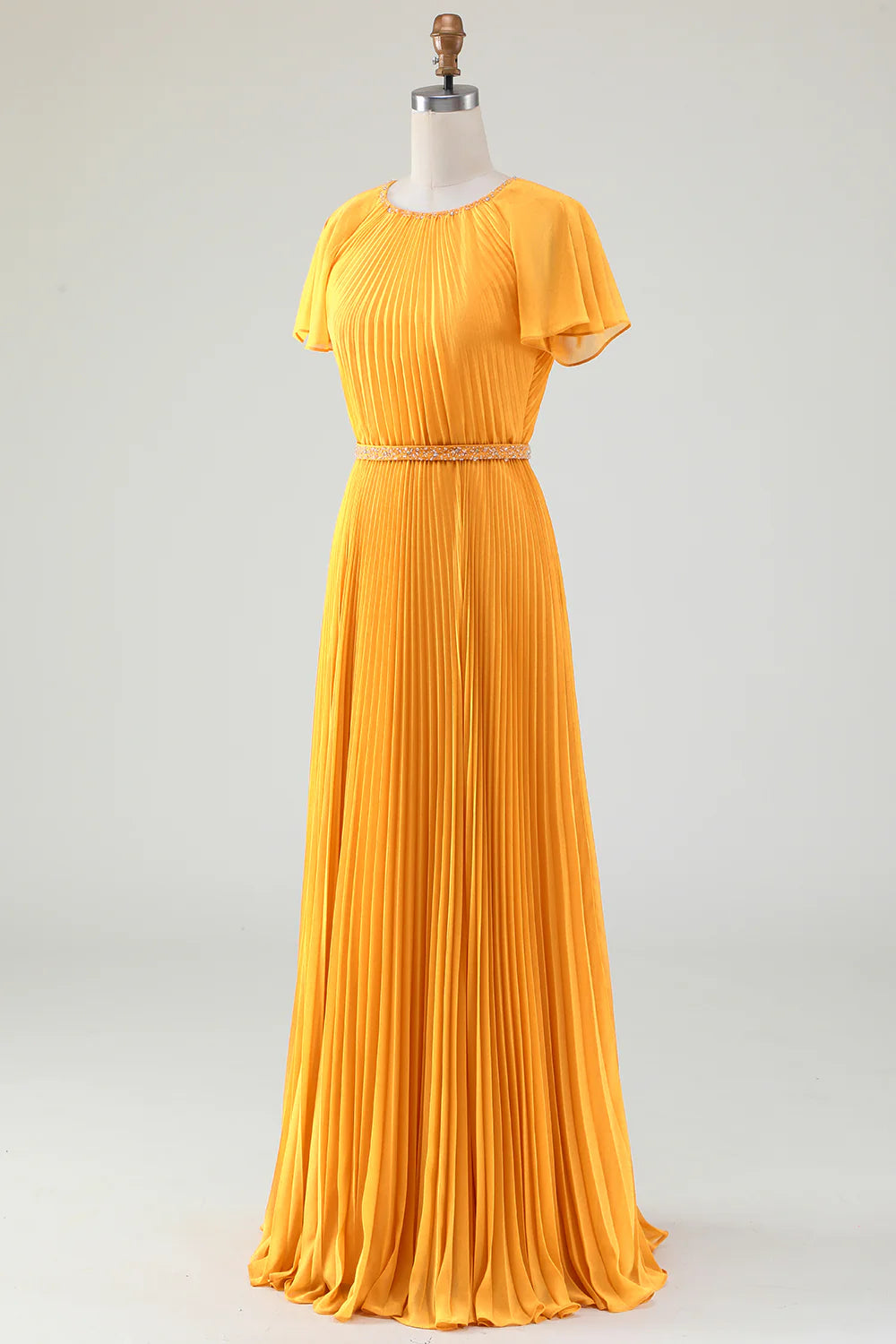 A Line Round Neck Pleated Mother of Bride Dress With Short Sleeves
