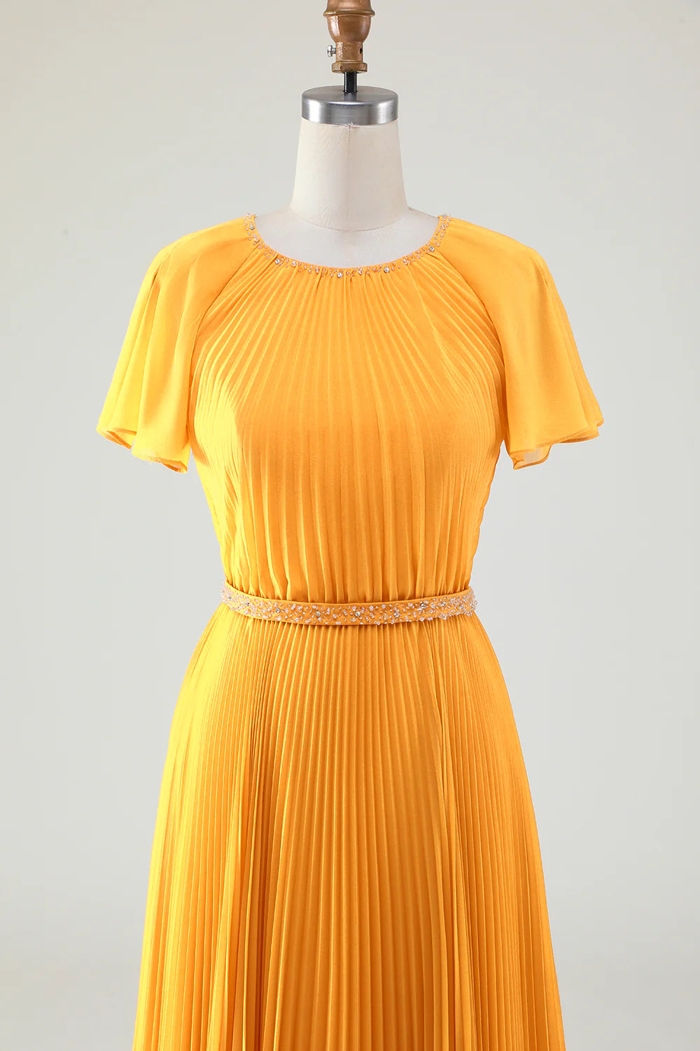 A Line Round Neck Pleated Mother of Bride Dress With Short Sleeves