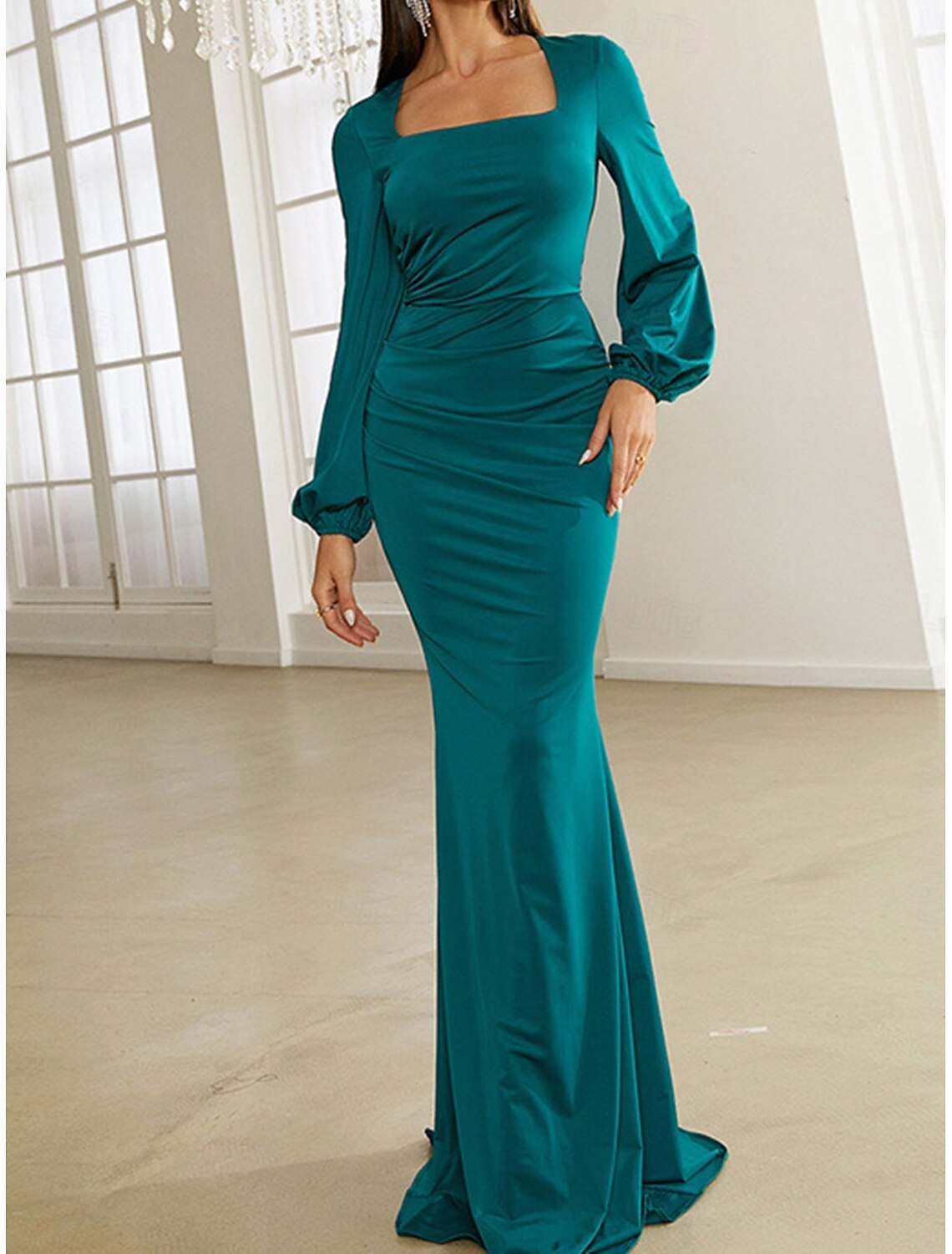 Dress Mother of the Bride Dress Elegant Square Neck Sweep / Brush Train Polyester Long Sleeve with Solid Color