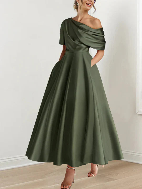 A-Line/Princess One-shoulder Half Sleeve Ankle-Length Mother of the Bride Dresses with Ruffles simple gentle atmospheric and unique desi Bring summer colors to enhance whiteness