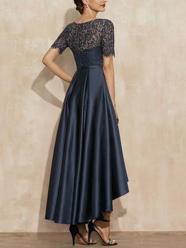 A-Line Scoop Neck Asymmetrical Satin Lace Mother of the Bride Dress With Pockets simple gentle atmospheric and unique desi Bring summer colors to enhance whiteness 
