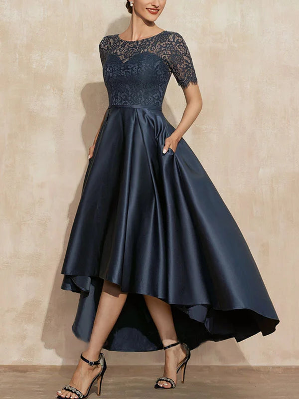A-Line Scoop Neck Asymmetrical Satin Lace Mother of the Bride Dress With Pockets simple gentle atmospheric and unique desi Bring summer colors to enhance whiteness 