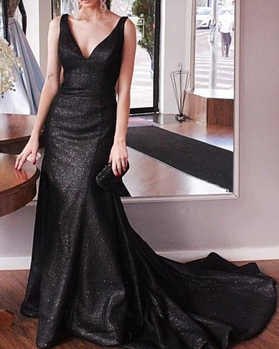 Black sequined dress with deep V-neck sleeveless design suitable for dinners, dances and other occasions