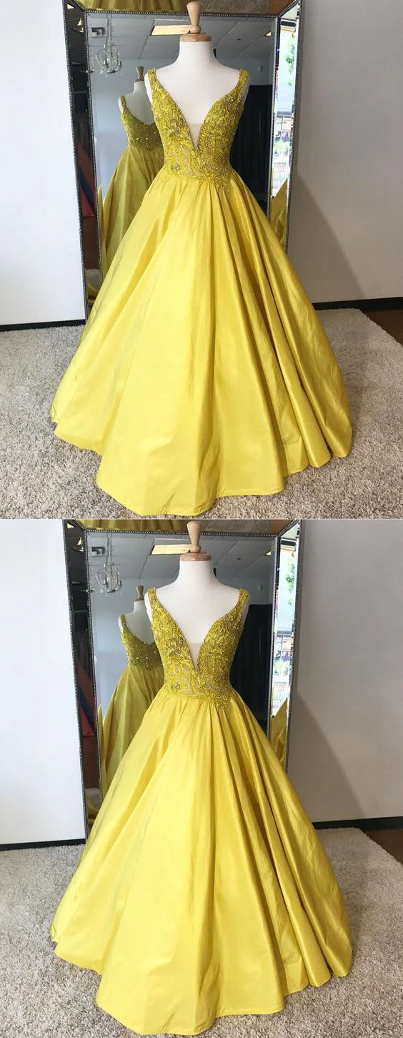 Bright yellow satin dress with deep V-neck design and exquisite bead embroidery decoration on the upper body