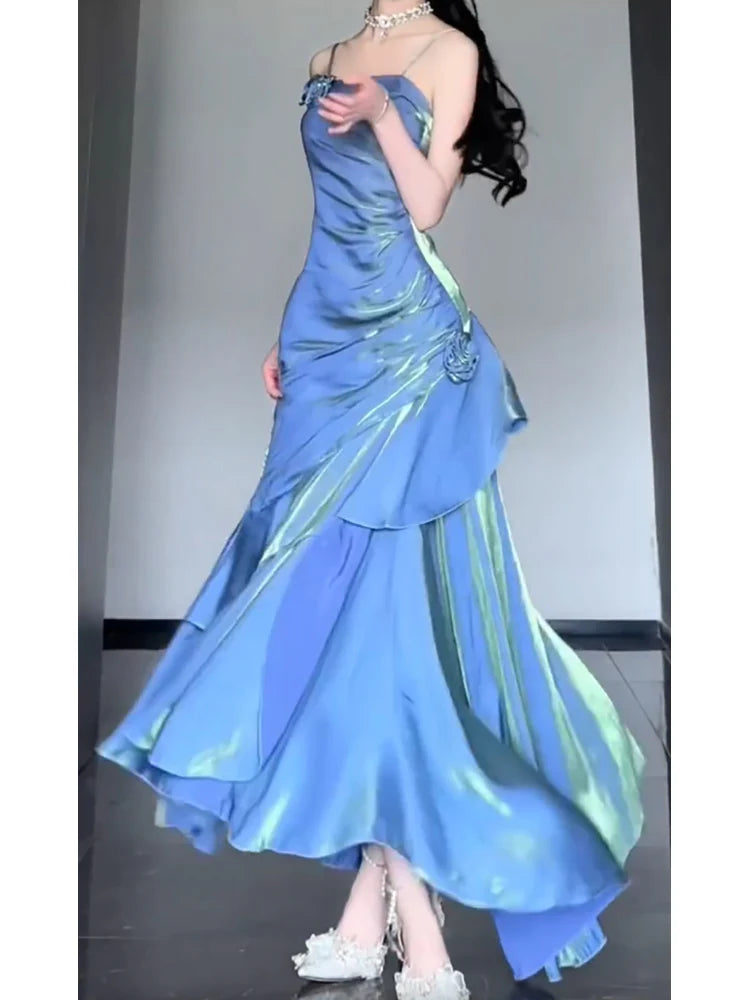 Chic Mermaid Spaghetti Straps Blue Long Prom Dress Birthday Dresses Birthday Outfits simple gentle atmospheric and unique desi Bring summer colors to enhance whiteness