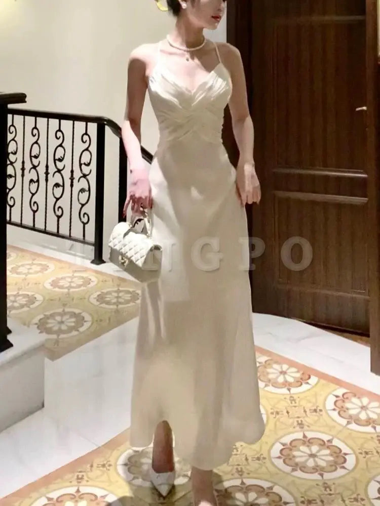 Classy Sheath Spaghetti Straps Sleeveless White Long Prom Dresses Evening Dress gowns evening dresses gentle atmospheric and unique desi Bring summer colors to enhance whiteness