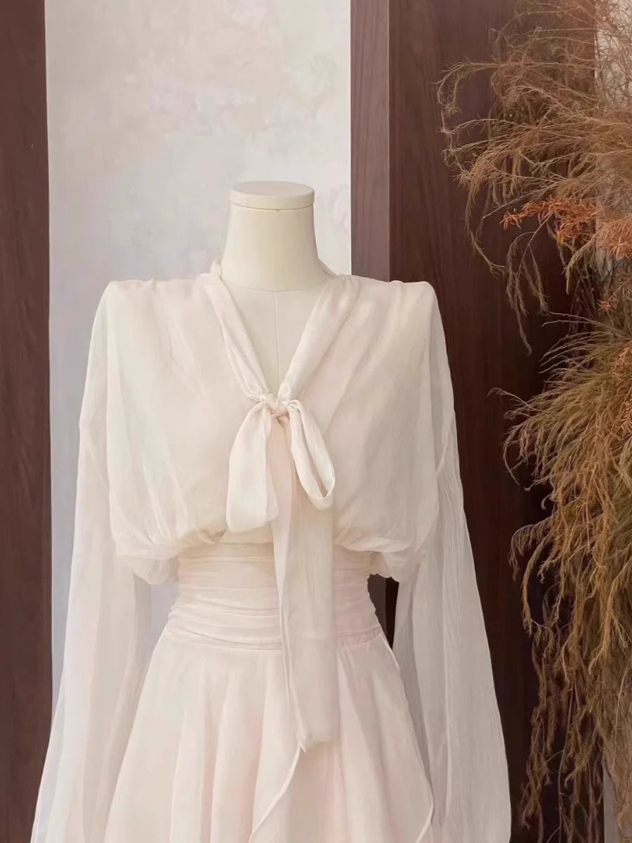 Cute 2 Pieces Long Sleeves Camisole Ivory Women's Short Vacation Dresses simple gentle atmospheric and unique desi Bring summer colors to enhance whiteness