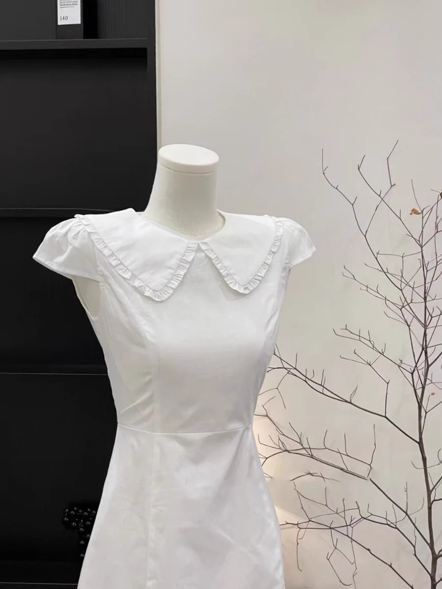 Cute A Line Doll Collar Sleeveless Cotton White Short Women's Holiday Summer Dresses simple gentle atmospheric and unique desi Bring summer colors to enhance whiteness