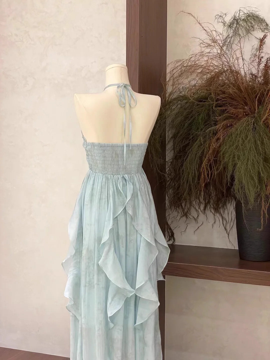Cute A line Halter Ruffled Floral Blue Women's Long Vacation Dresses simple gentle atmospheric and unique desi Bring summer colors to enhance whiteness