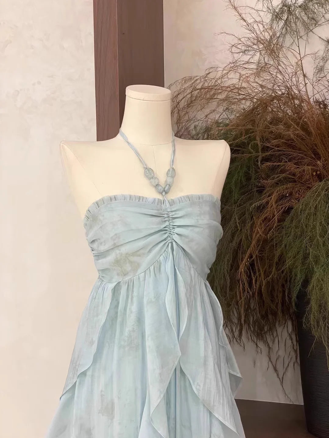 Cute A line Halter Ruffled Floral Blue Women's Long Vacation Dresses simple gentle atmospheric and unique desi Bring summer colors to enhance whiteness