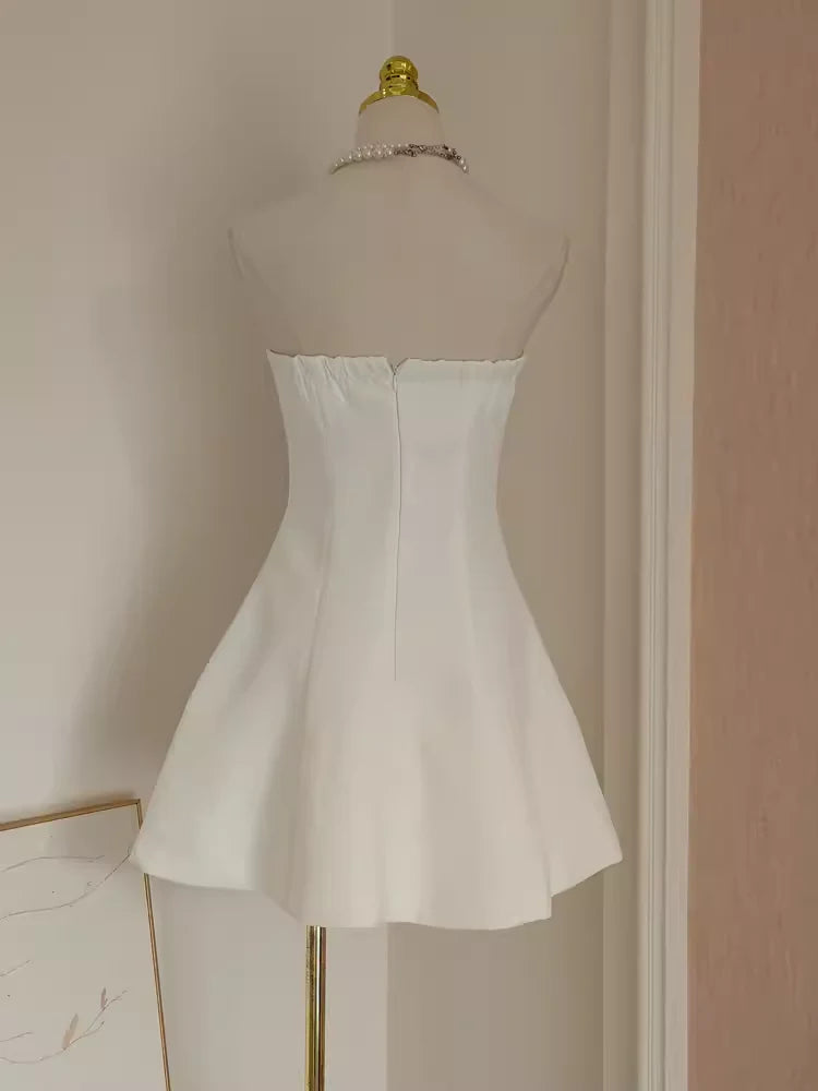 Cute A line Strapless Satin White Flowers Vacation Dress Women Short Dresses simple gentle atmospheric and unique desi Bring summer colors to enhance whiteness