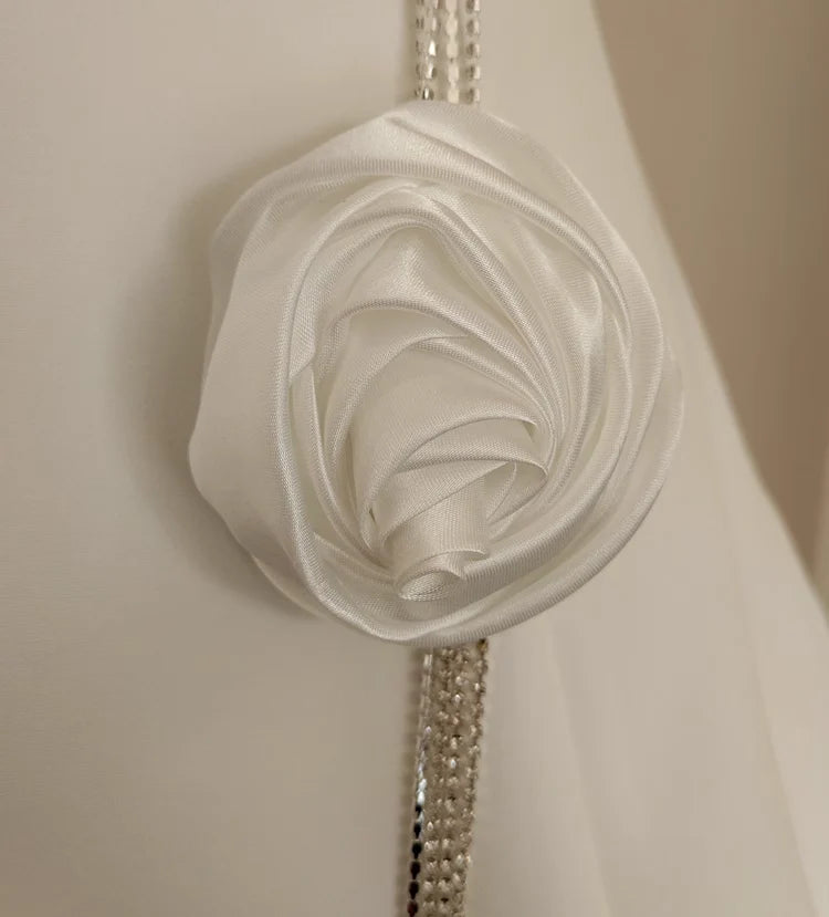 Cute A line Strapless Satin White Flowers Vacation Dress Women Short Dresses simple gentle atmospheric and unique desi Bring summer colors to enhance whiteness