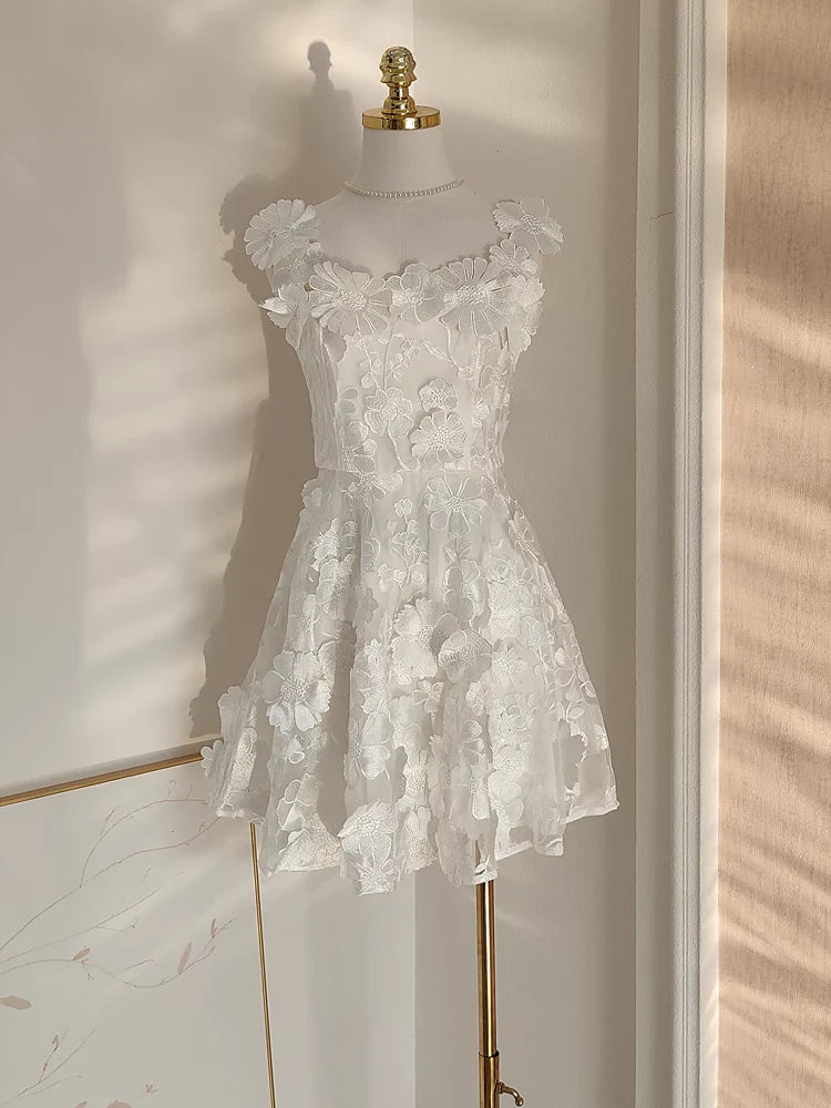Cute A line Straps Sleeveless Floral White Party Dress Short Holiday Dresses simple gentle atmospheric and unique desi Bring summer colors to enhance whiteness