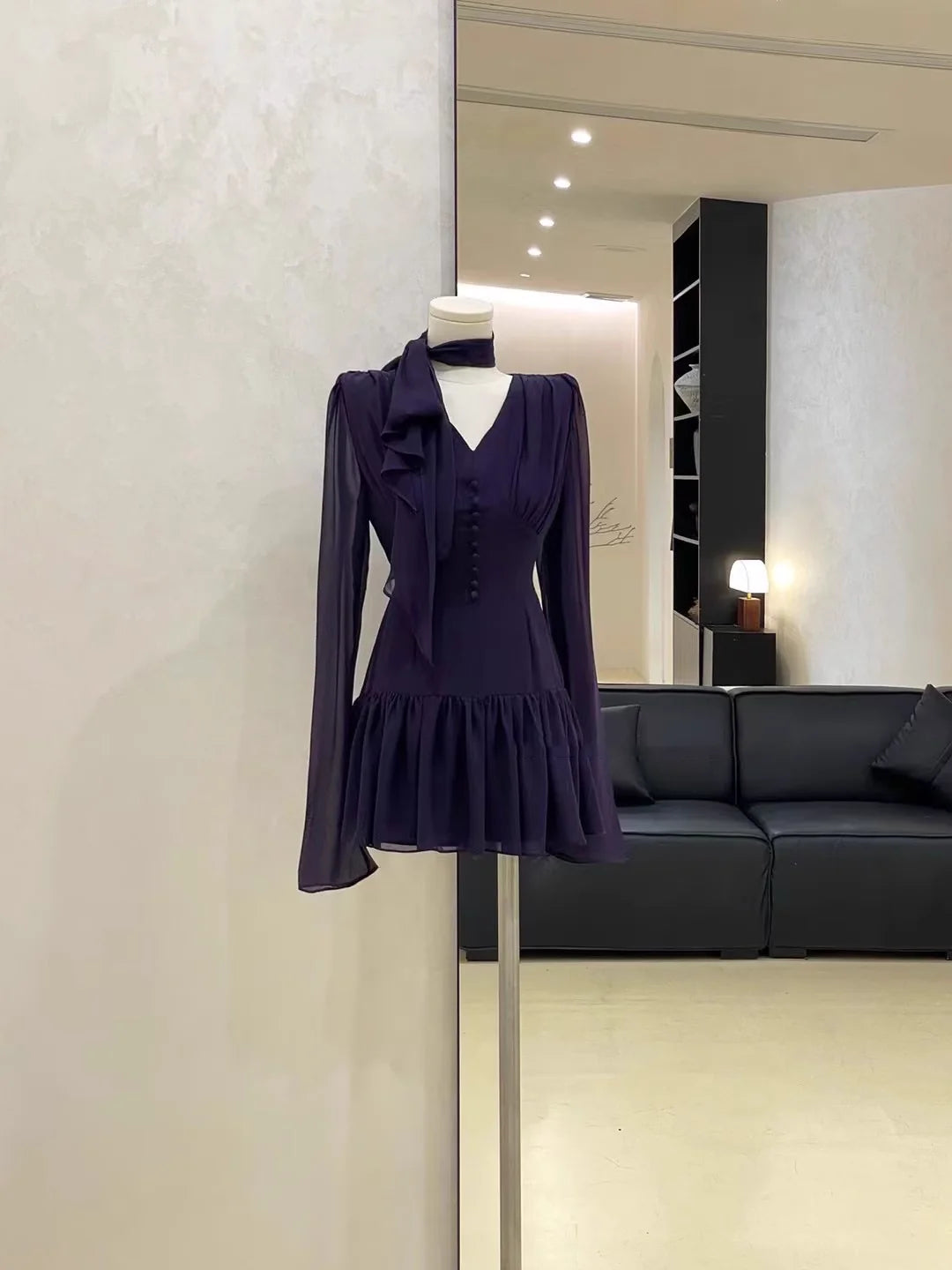 Cute A line V Neckline Ruffled Grape Short Long Sleeve Women Dresses simple gentle atmospheric and unique desi Bring summer colors to enhance whiteness