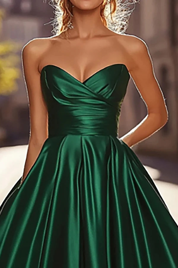 Elegant Ruched Dark Green A Line Satin Long Prom Dress simple gentle atmospheric and unique desi Bring summer colors to enhance whiteness
