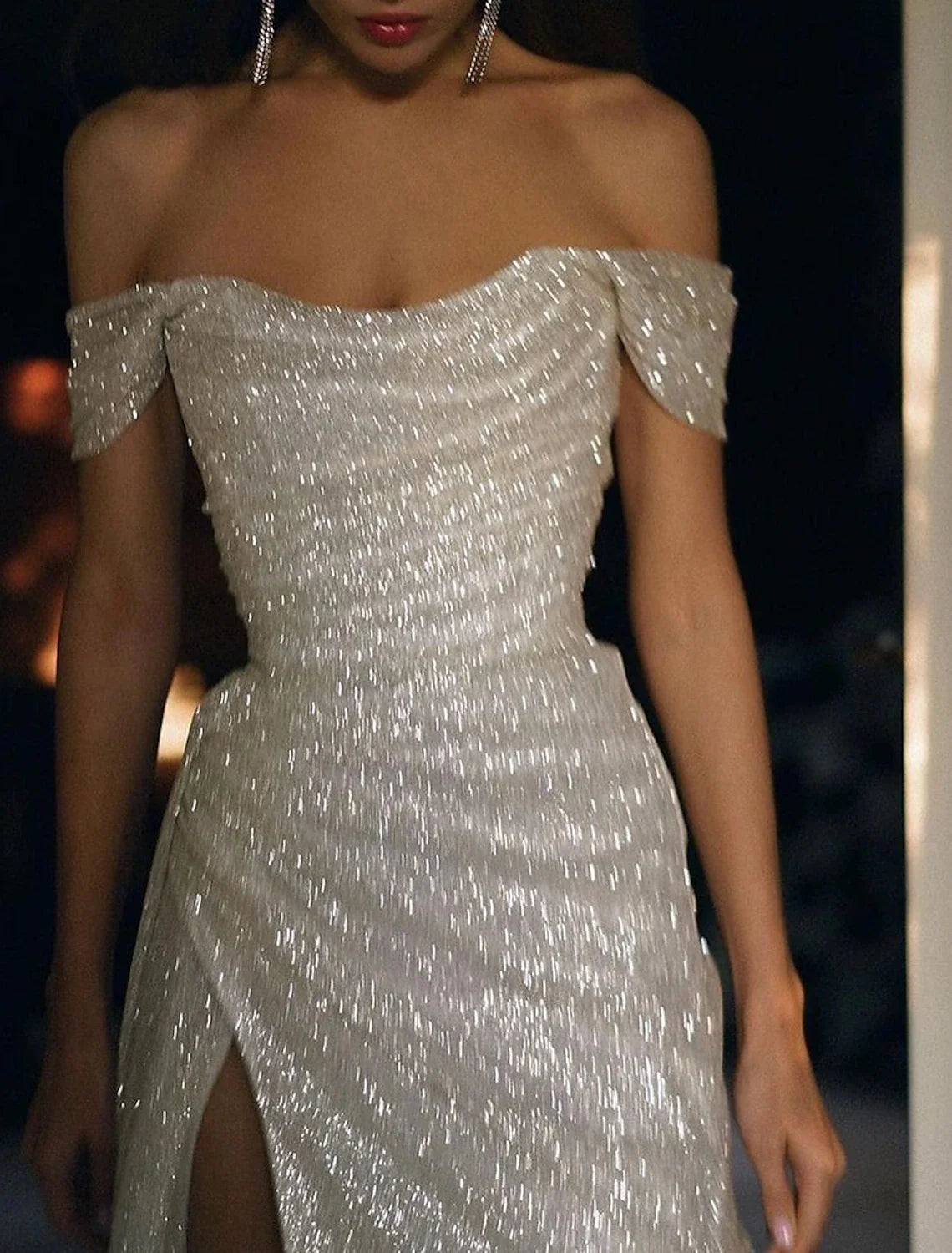 Evening Dresses Sparkle Wedding Dress For Reception Prom Dress Sweep Brush Train Short Sleeve Off Shoulder Sequins with Slit Prom Dresses simple gentle atmospheric and unique desi Bring summer colors to enhance whiteness