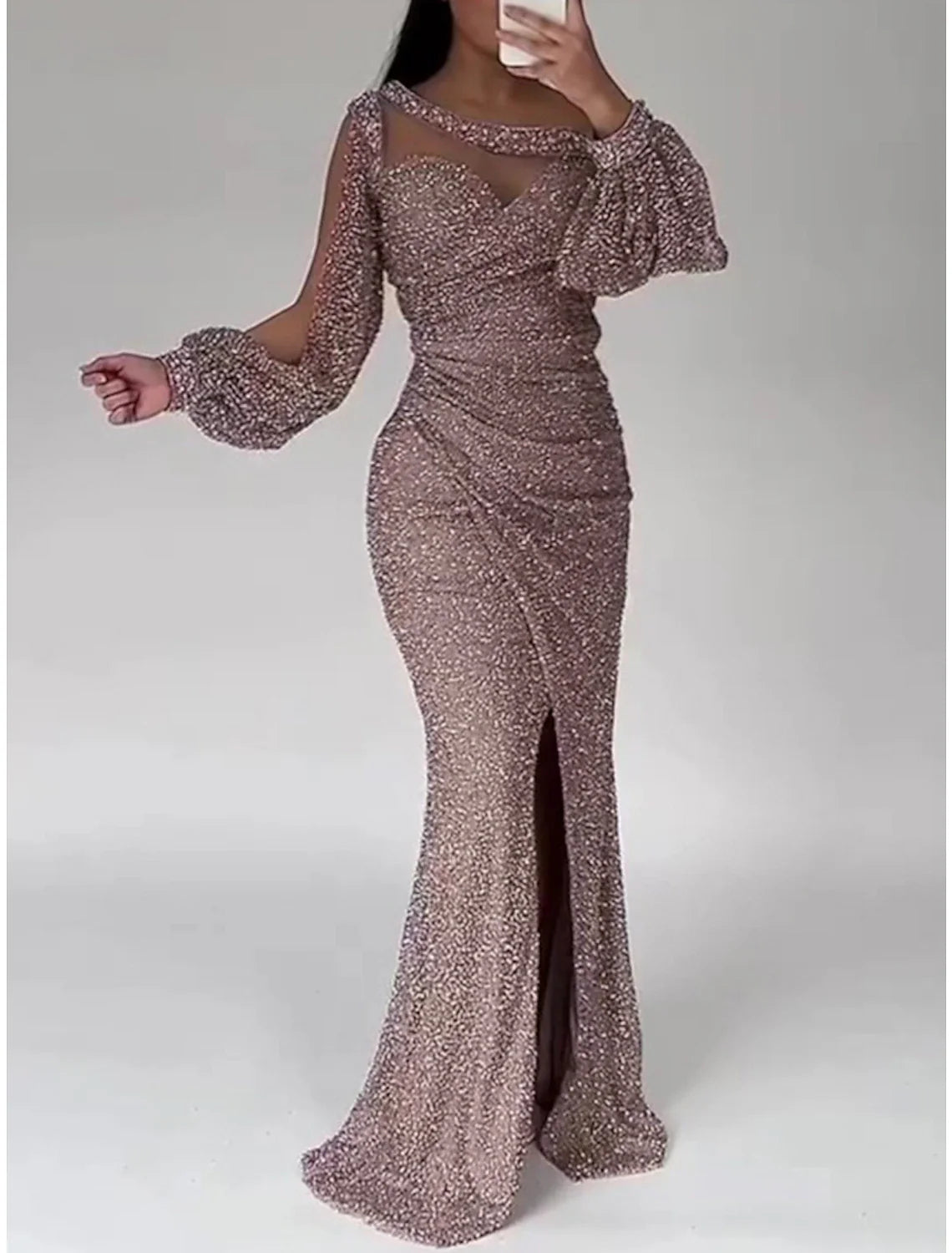 Evening Gown Christmas Red Green Dress Formal Sweep / Brush Train Long Sleeve Scoop Neck Sequined with Glitter Ruched Slit simple gentle atmospheric and unique desi Bring summer colors to enhance whiteness