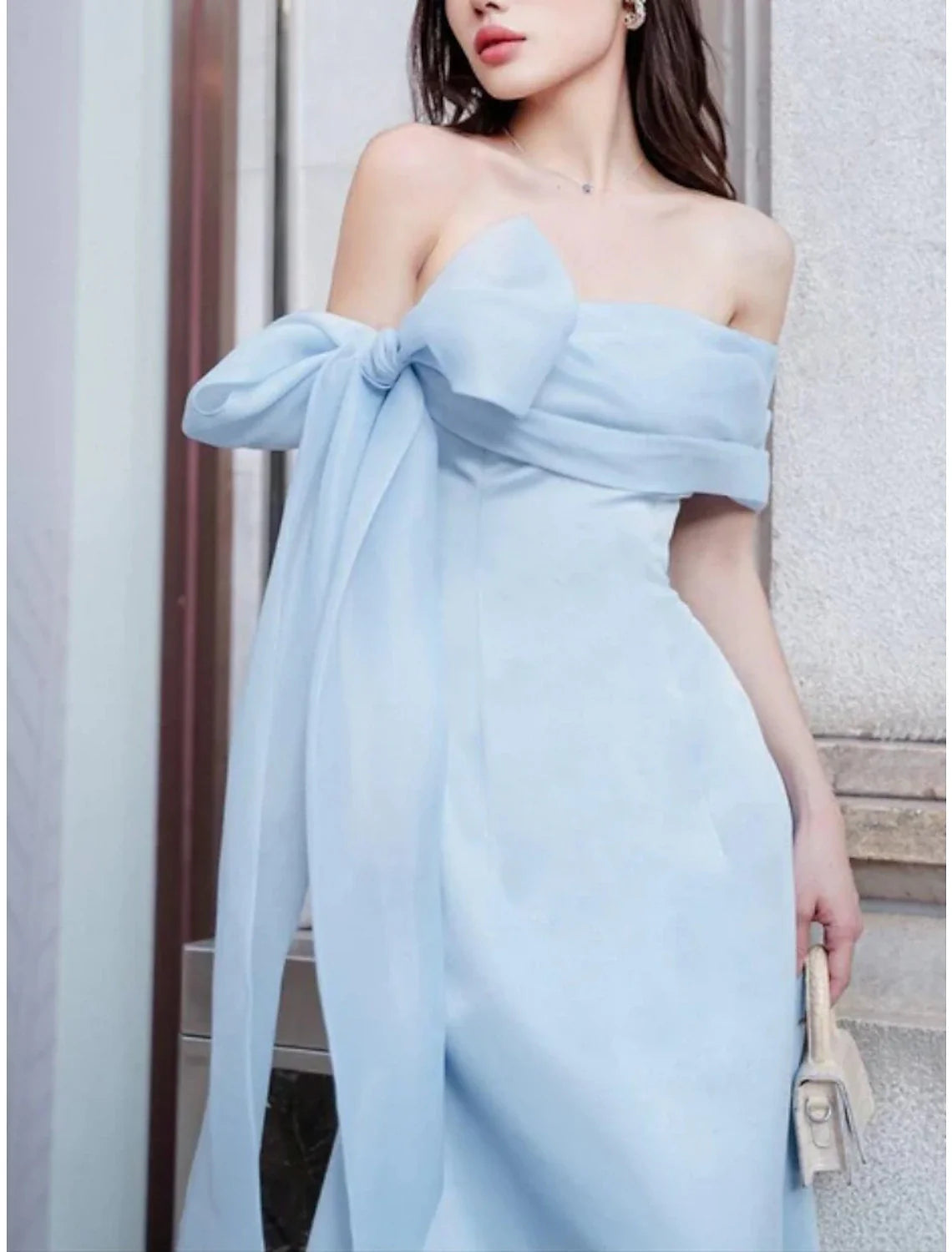 Evening Gown Elegant Dress Formal Ankle Length Short Sleeve Off Shoulder Imitation Silk with Bow(s) Pleats simple gentle atmospheric and unique desi Bring summer colors to enhance whiteness