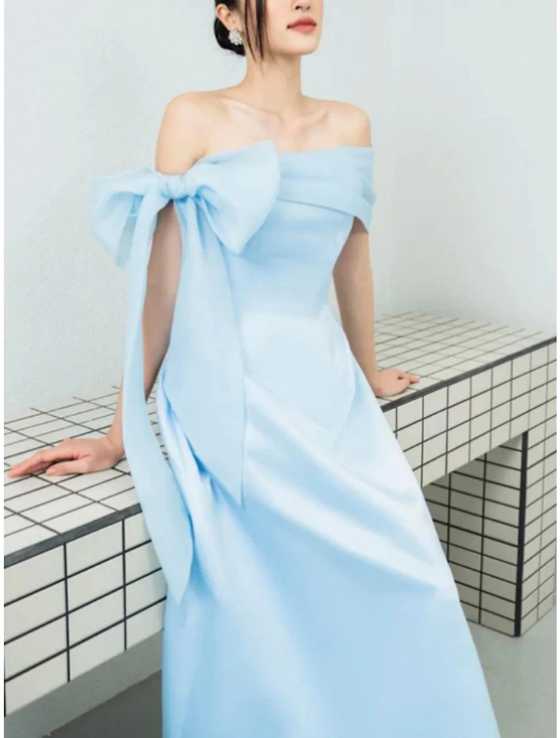 Evening Gown Elegant Dress Formal Ankle Length Short Sleeve Off Shoulder Imitation Silk with Bow(s) Pleats simple gentle atmospheric and unique desi Bring summer colors to enhance whiteness