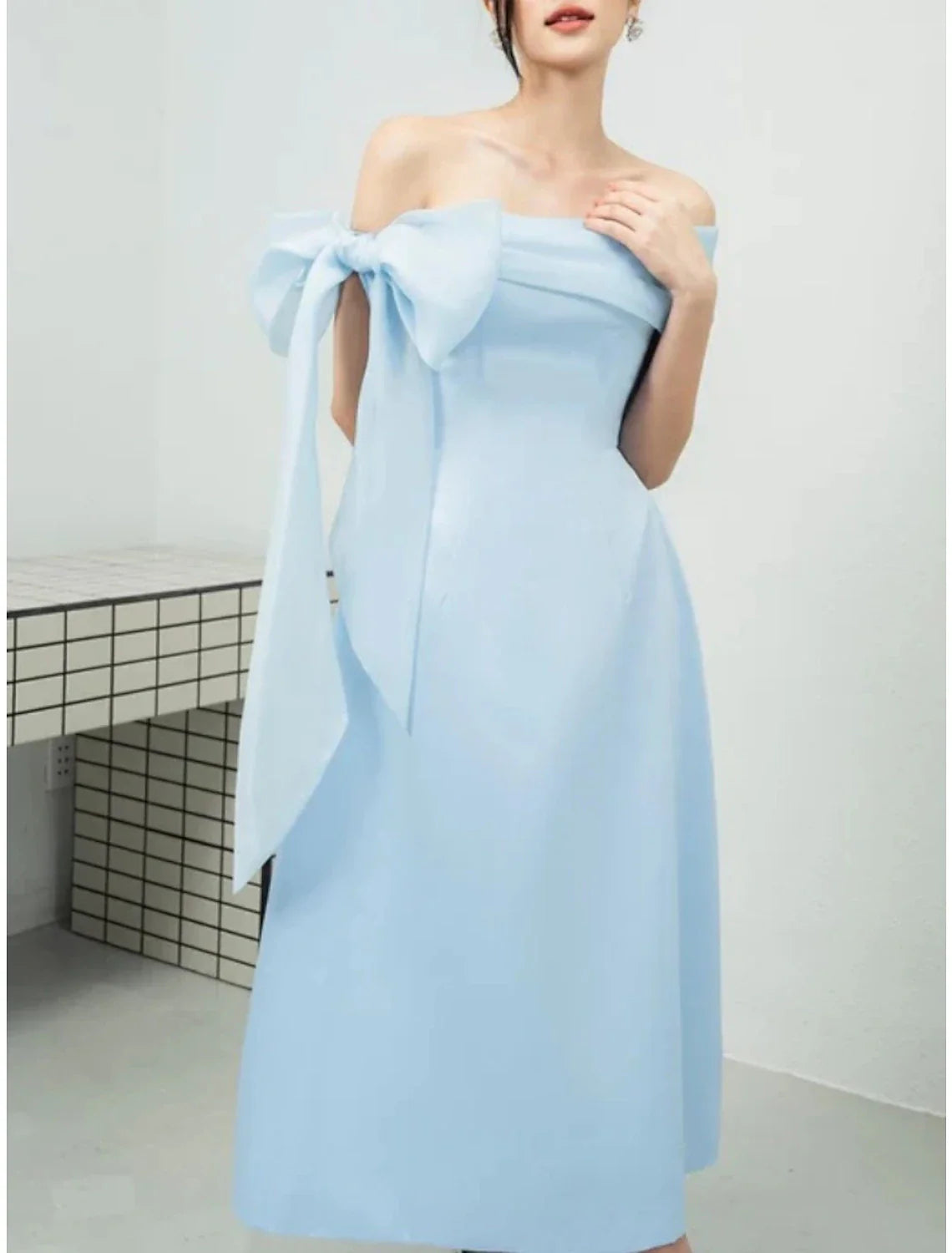 Evening Gown Elegant Dress Formal Ankle Length Short Sleeve Off Shoulder Imitation Silk with Bow(s) Pleats simple gentle atmospheric and unique desi Bring summer colors to enhance whiteness