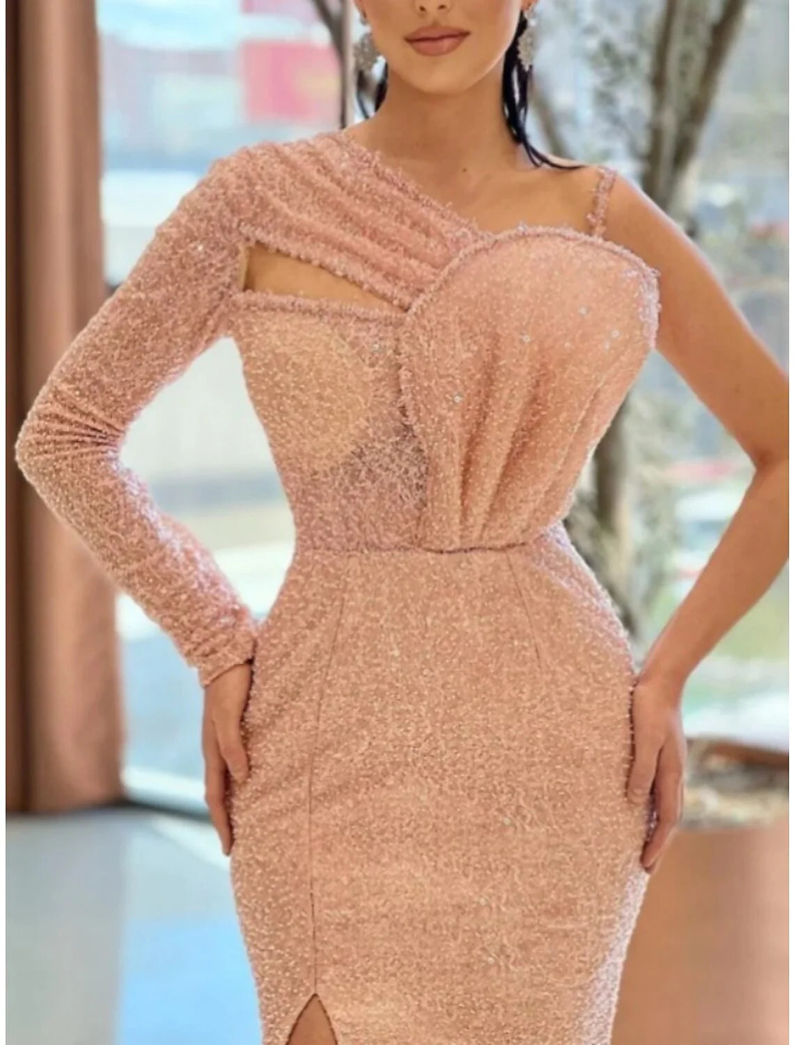 Evening Gown Elegant Dress Formal Sweep / Brush Train Long Sleeve One Shoulder Sequined with Glitter Pleats Ruched simple gentle atmospheric and unique desi Bring summer colors to enhance whiteness