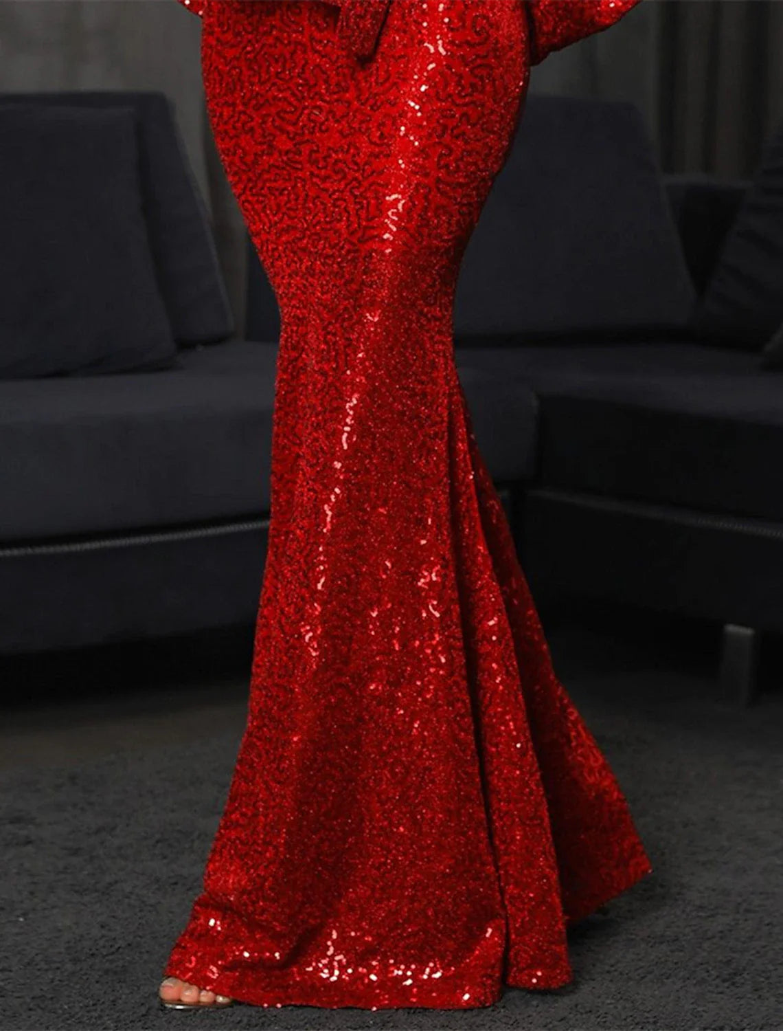 Evening Gown Sparkle Christmas Red Green Dress Dress Formal Wedding Guest Floor Length Long Sleeve V Neck Fall Wedding Reception Sequined with Bow(s) Sequin simple gentle atmospheric and unique desi Bring summer colors to enhance whiteness