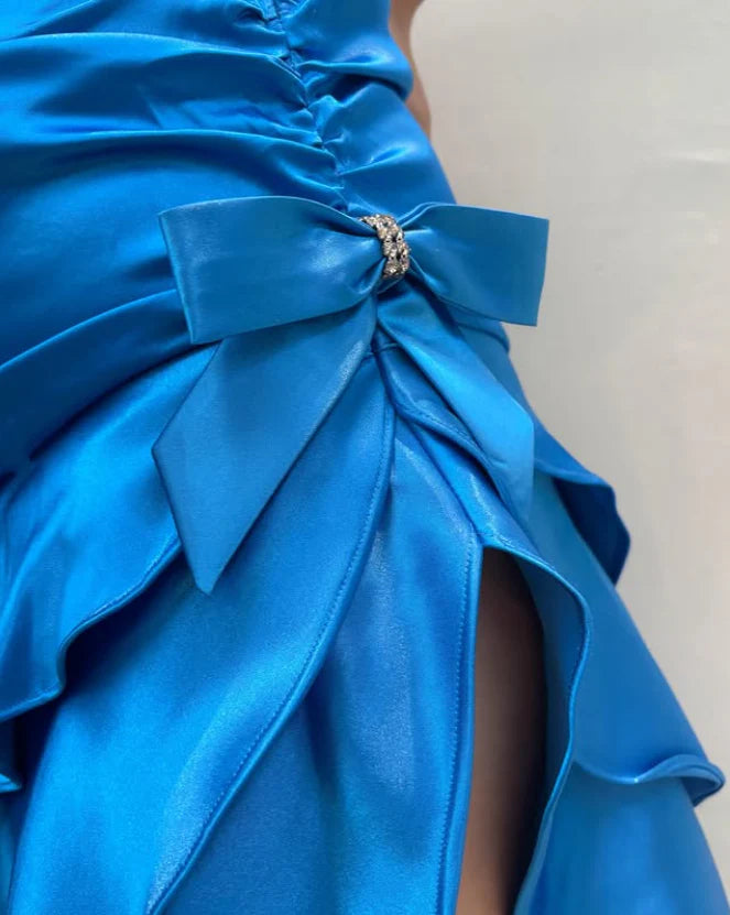 Eye - catching Blue Halter Asymmetrical Ruffle Dress