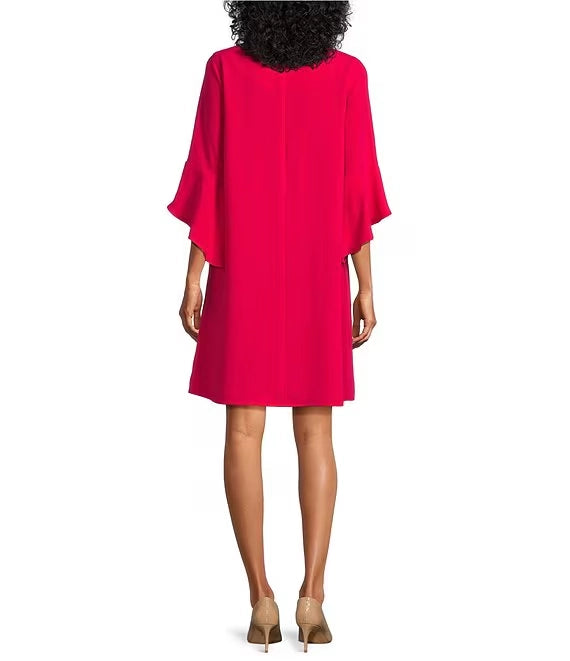 Julia Matte Crepe 3/4 Ruffle Sleeve Shift Round Neck Shift Dress simple gentle atmospheric and unique desi Bring summer colors to enhance whiteness