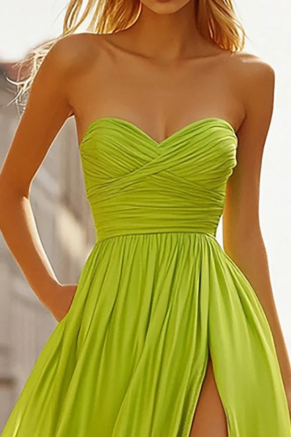 Lemon Green A Line Sweetheart Ruched Chiffon Prom Dress simple gentle atmospheric and unique desi Bring summer colors to enhance whiteness