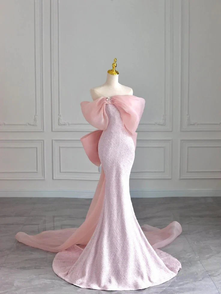 Modest Mermaid Strapless Pink Sleeveless Prom Dress Formal Evening Dresses With Bow formal wear dresses simple gentle atmospheric and unique desi Bring summer colors to enhance whiteness