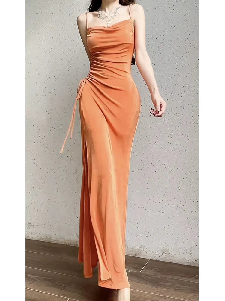 Modest Sheath Spaghetti Straps Velvet Long Organge Prom Dress Evening Dresses formal wear dresses simple gentle atmospheric and unique desi Bring summer colors to enhance whiteness