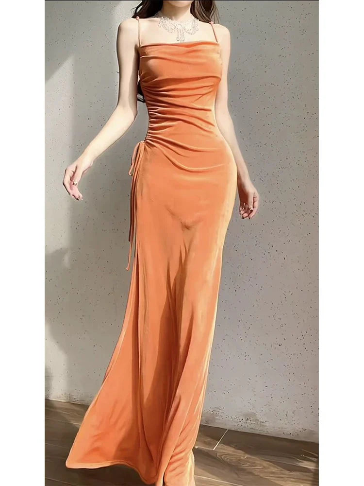 Modest Sheath Spaghetti Straps Velvet Long Organge Prom Dress Evening Dresses formal wear dresses simple gentle atmospheric and unique desi Bring summer colors to enhance whiteness