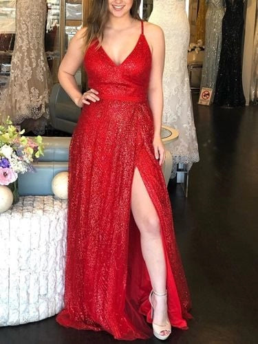 Red sequined camisole dress, deep V-neck, high waist design, split skirt suitable for dinner parties