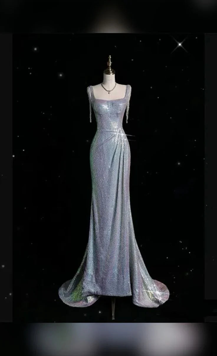 Pretty Sheath Square Neckline Sequins Long Ruffles Evening Dress Prom Dresses formal wear dresses simple gentle atmospheric and unique desi Bring summer colors to enhance whiteness