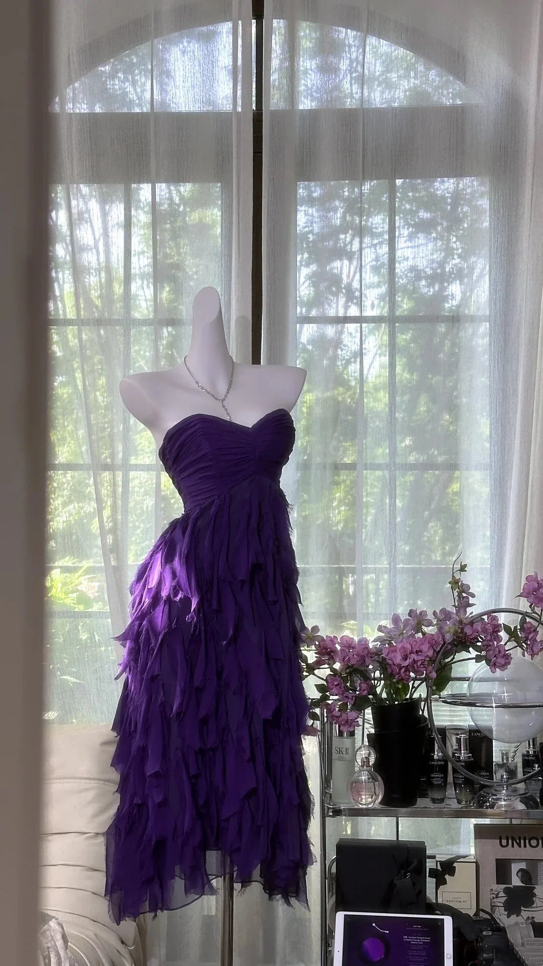 Purple strapless layered chiffon mid length dress for dance party